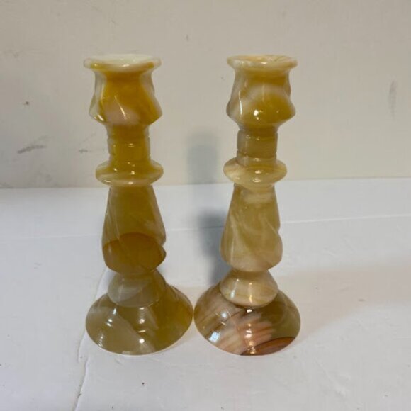 Vintage Banded Onyx Marble Candlestick Holders Set of 2 - 6” Tall - Picture 4 of 8